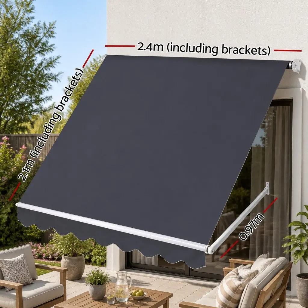 Retractable Pivot Arm Awning Grey 2.4m x 2.1m Outdoor Patio Shade