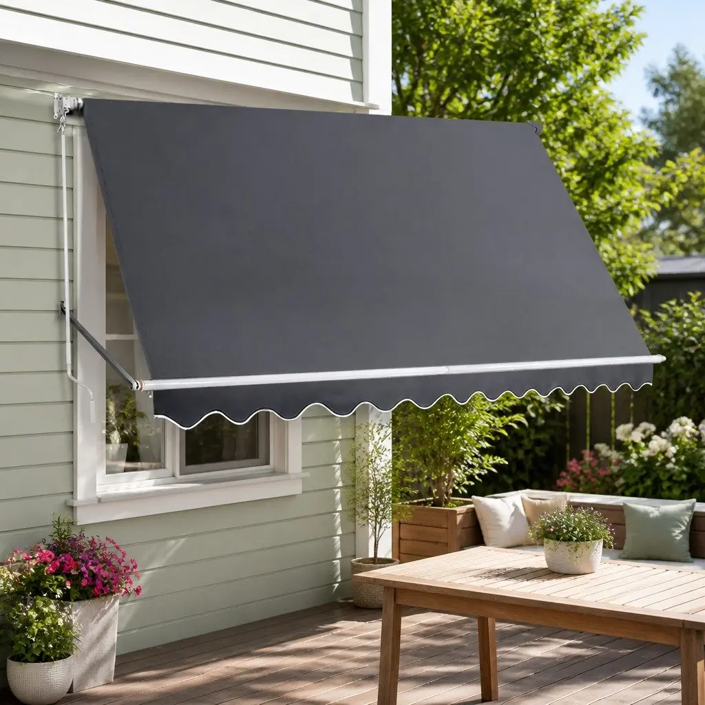 Retractable Pivot Arm Awning Grey 3.1m x 2.1m Outdoor Blinds Window Canopy