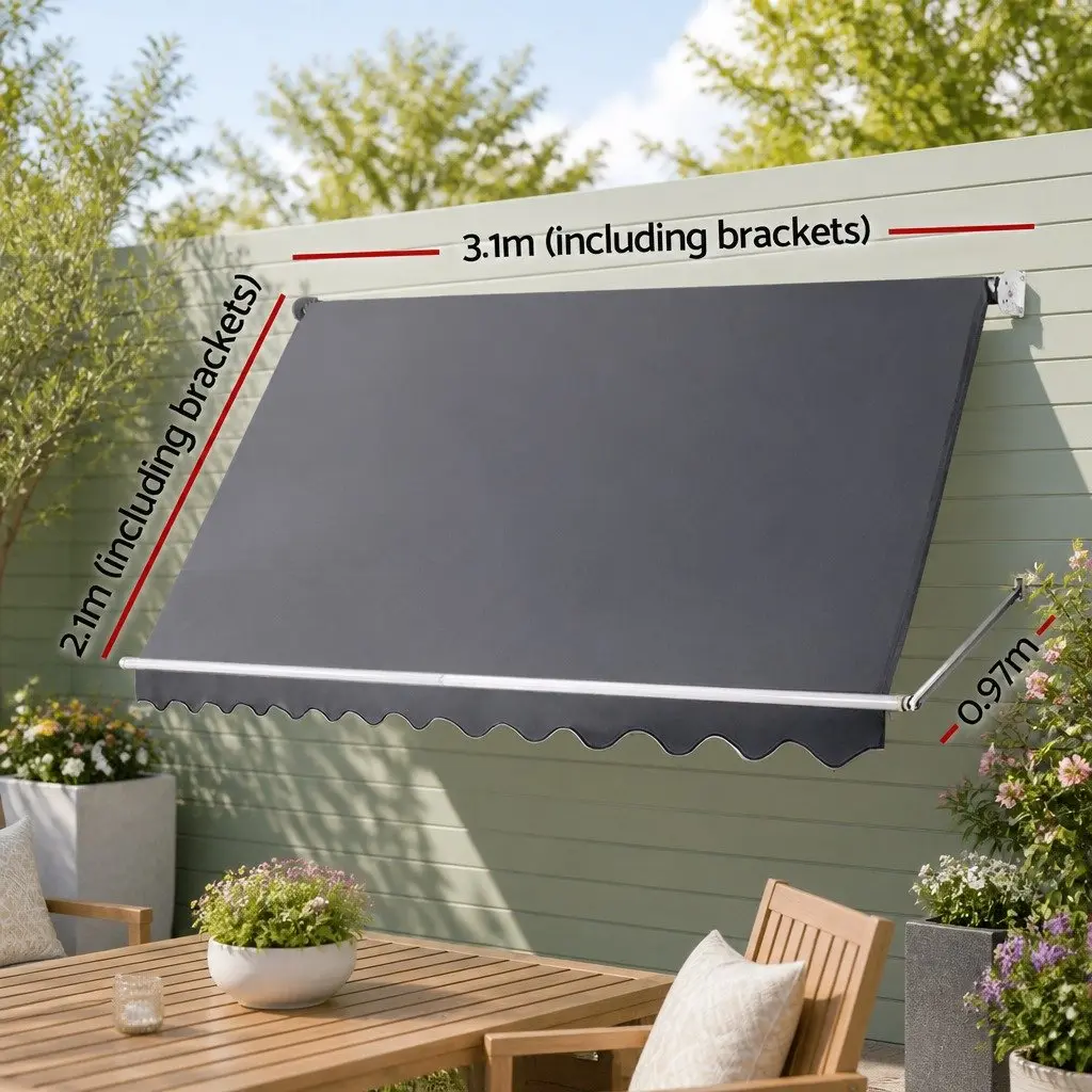 Retractable Pivot Arm Awning Grey 3.1m x 2.1m Outdoor Blinds Window Canopy