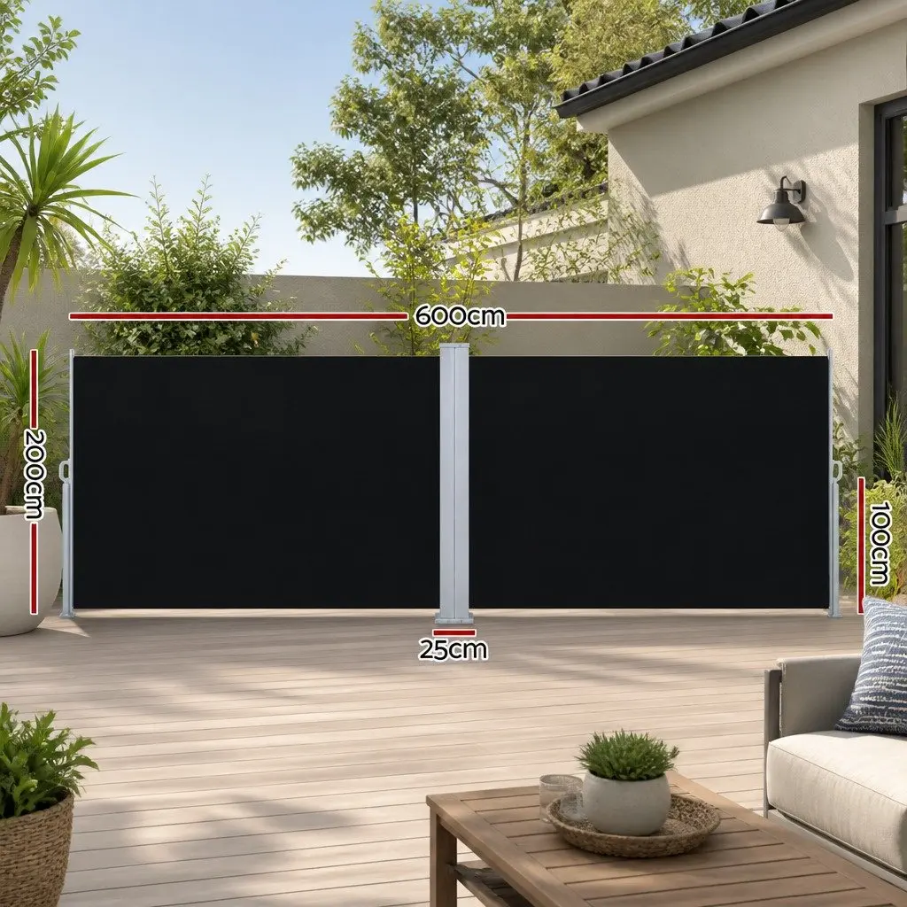 Retractable Side Awning Outdoor Blinds Sun Shade Screen Black 2M x 6M