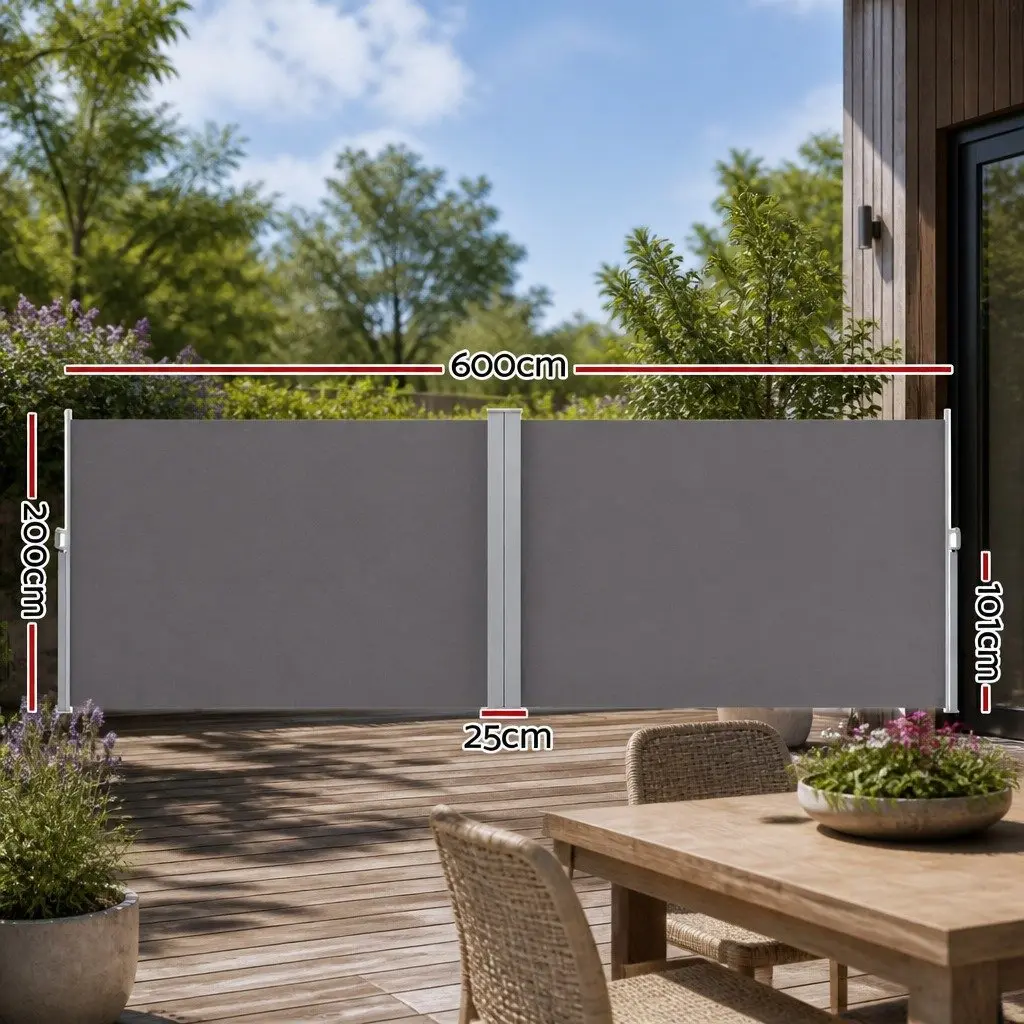 Retractable Side Awning UV and Tear Resistant Polyester 2m x 6m Grey Steel Frame