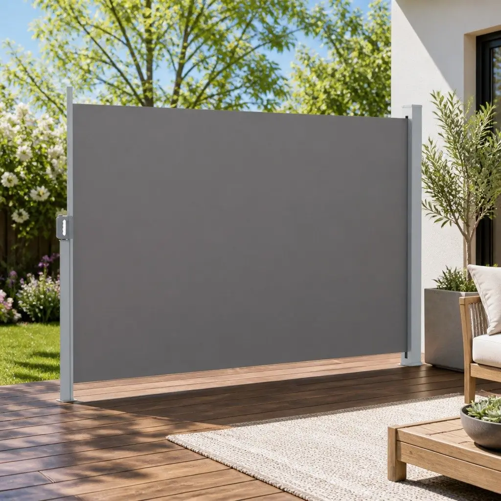Retractable Side Awning Sun Shade Outdoor Privacy Screen Grey Steel Frame 1.8x3M