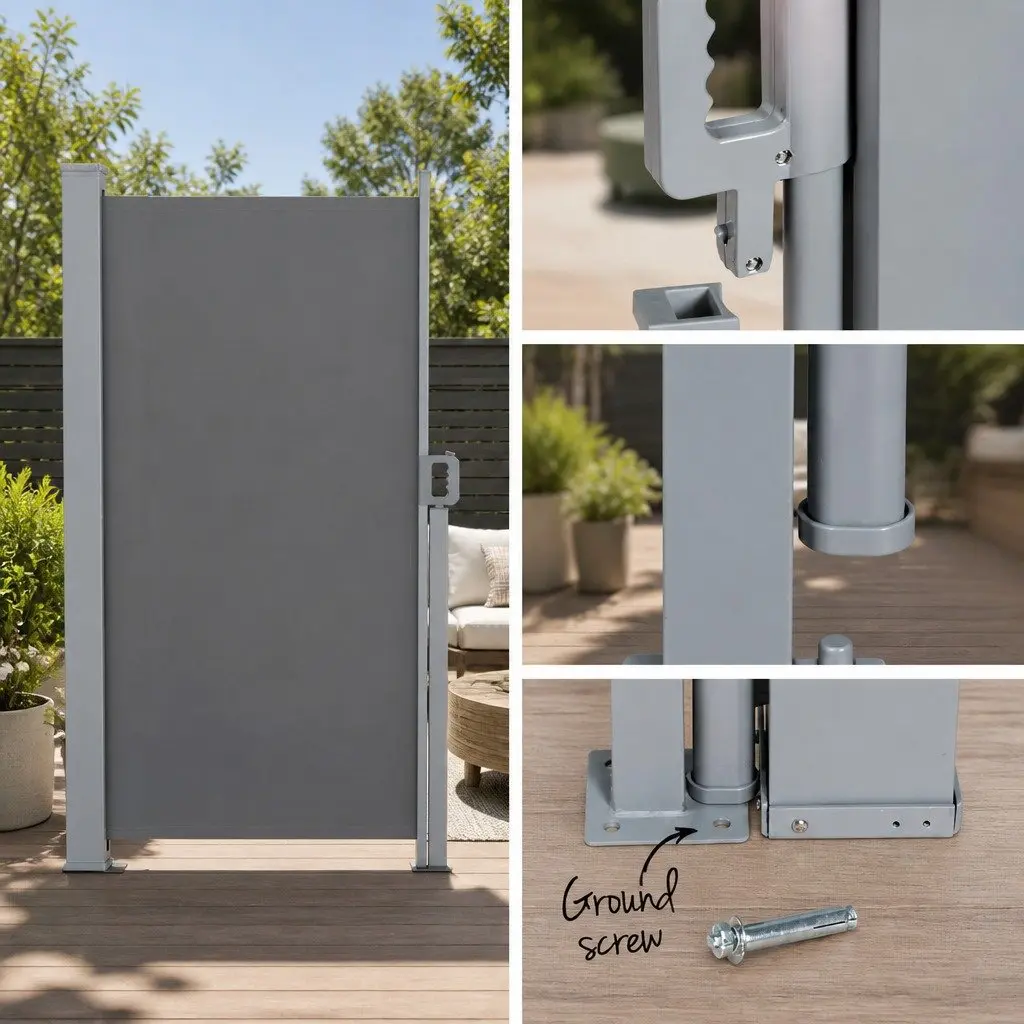 Retractable Side Awning Sun Shade Outdoor Privacy Screen Grey Steel Frame 1.8x3M
