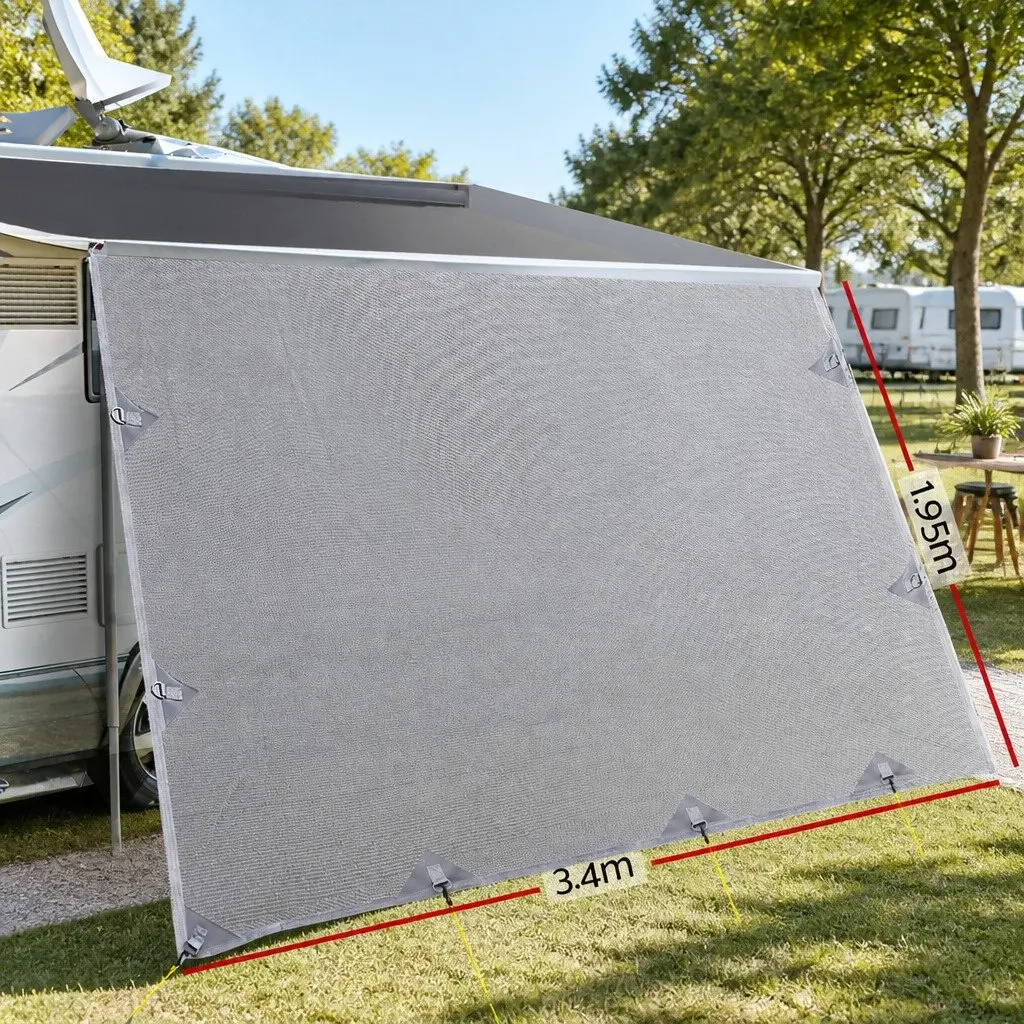Caravan Privacy Screen Roll Out Awning End Wall Side Sun Shade 3.4x1.95M Grey