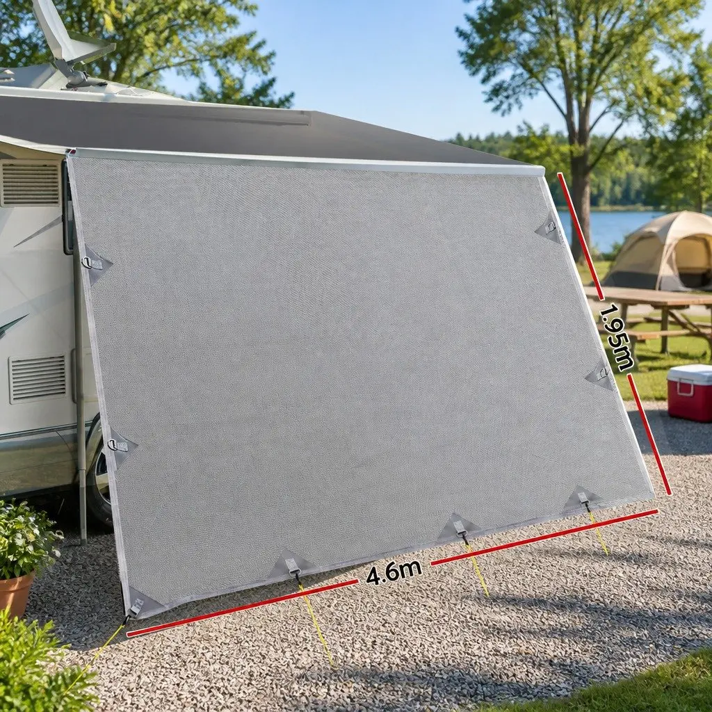 Caravan Privacy Screen UV Protected 4.6x1.95M Roll Out Awning End Wall Side Sun Shade Grey