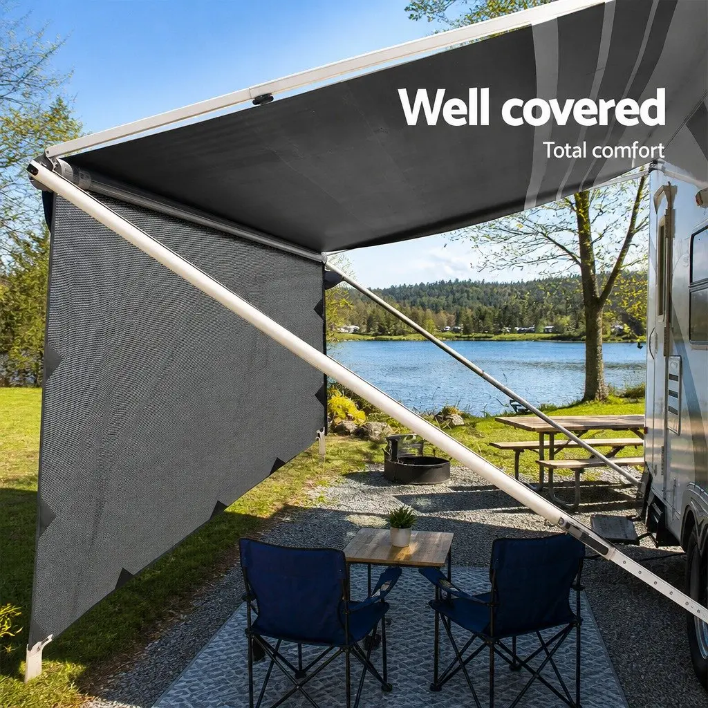 Caravan Privacy Screen UV Protected 4.6x1.95M Roll Out Awning End Wall Side Sun Shade Grey