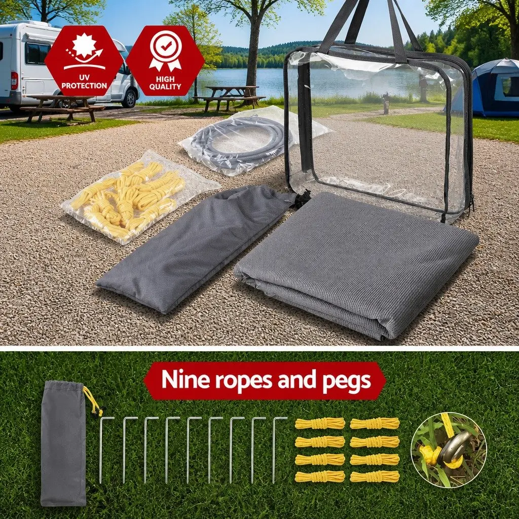 Caravan Privacy Screen UV Protected 4.6x1.95M Roll Out Awning End Wall Side Sun Shade Grey