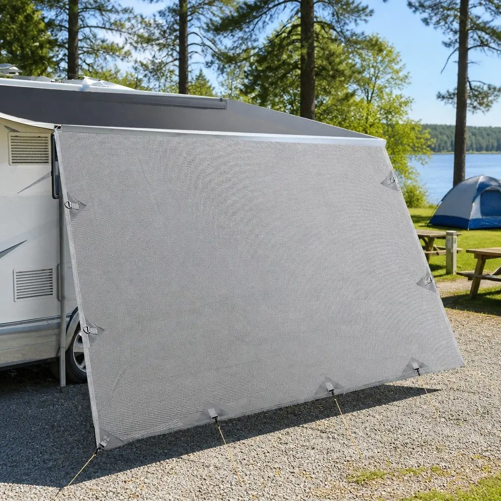 Caravan Privacy Screen UV Protected 4.6x1.95M Roll Out Awning End Wall Side Sun Shade Grey