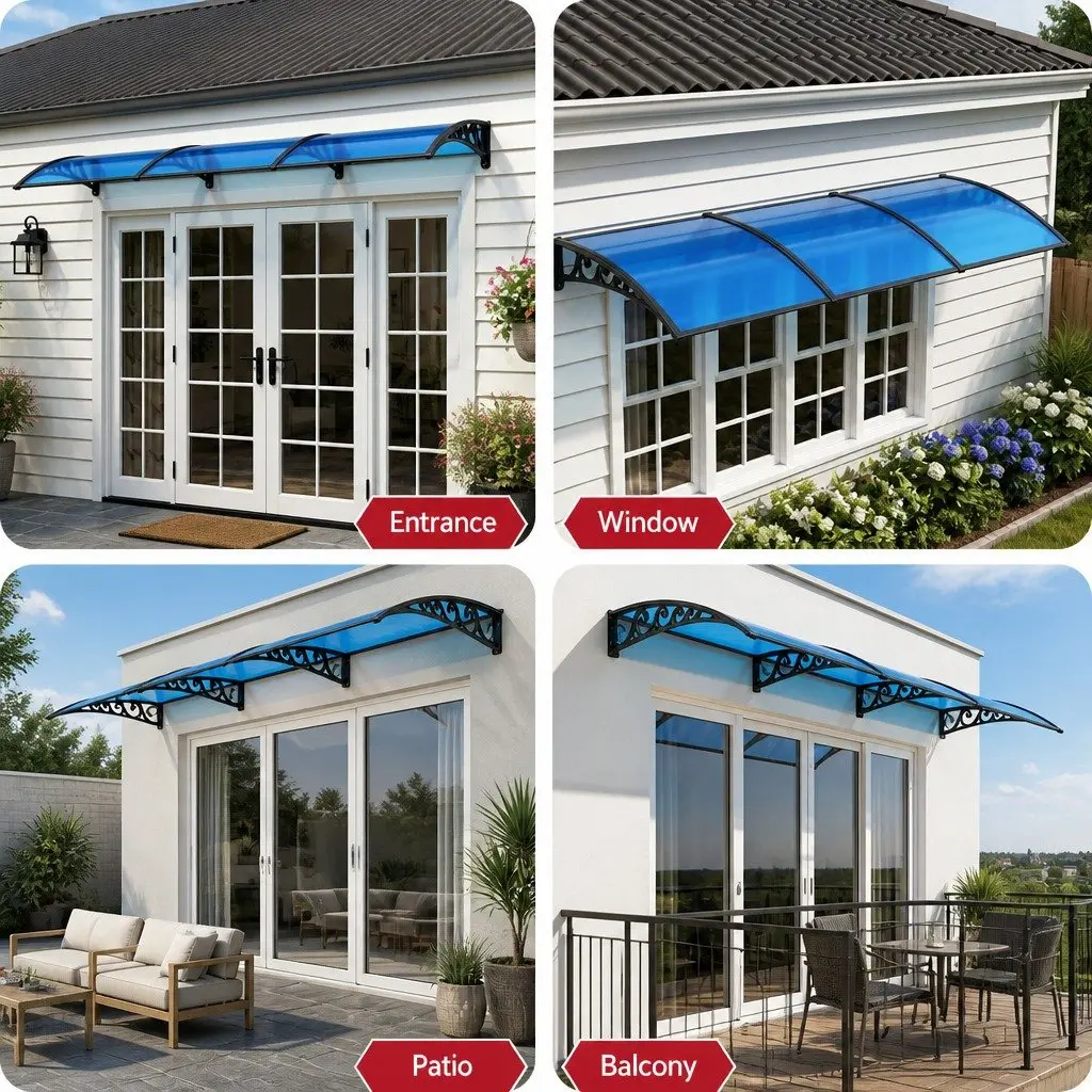 Window Door Awning UV Rain Resistant 1m x 3m Blue PC Panel Canopy