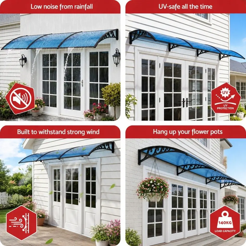 Window Door Awning UV Rain Resistant 1m x 3m Blue PC Panel Canopy