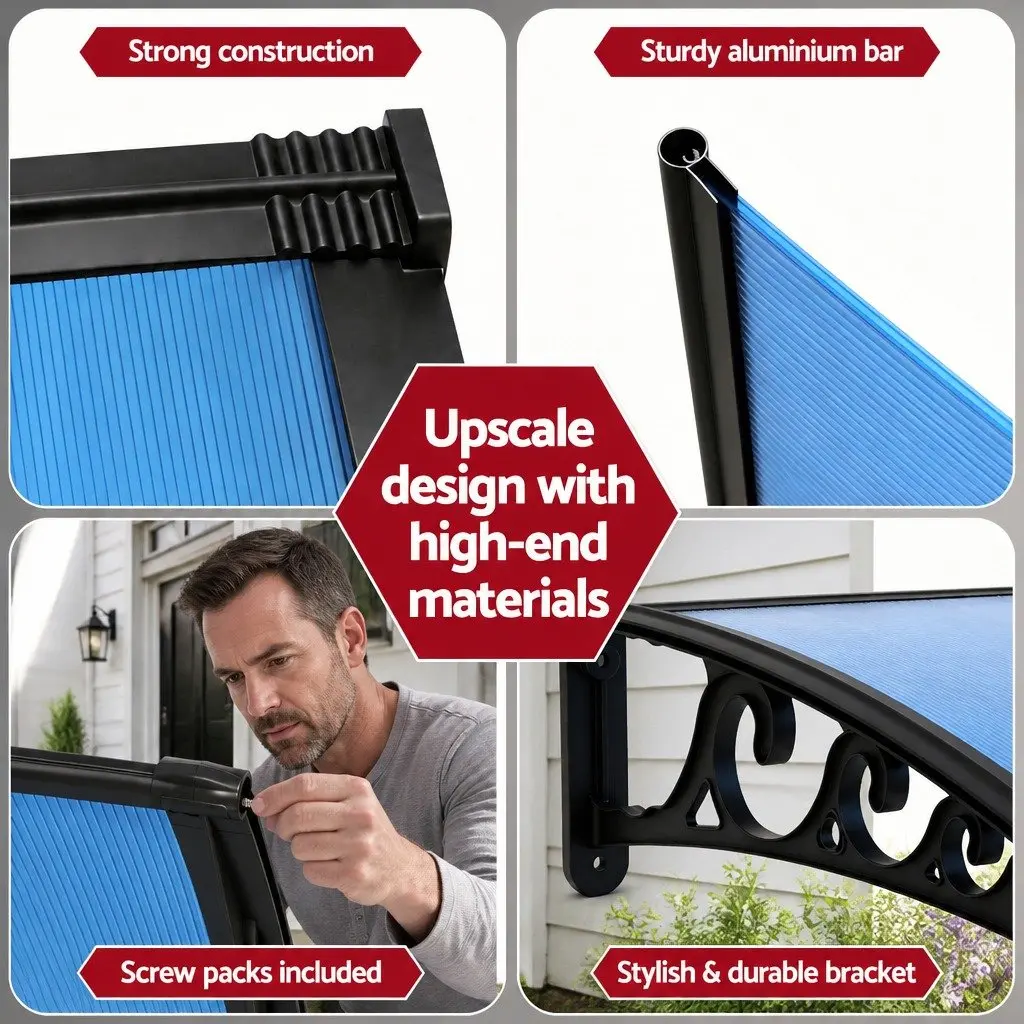 Window Door Awning UV Rain Resistant 1m x 3m Blue PC Panel Canopy