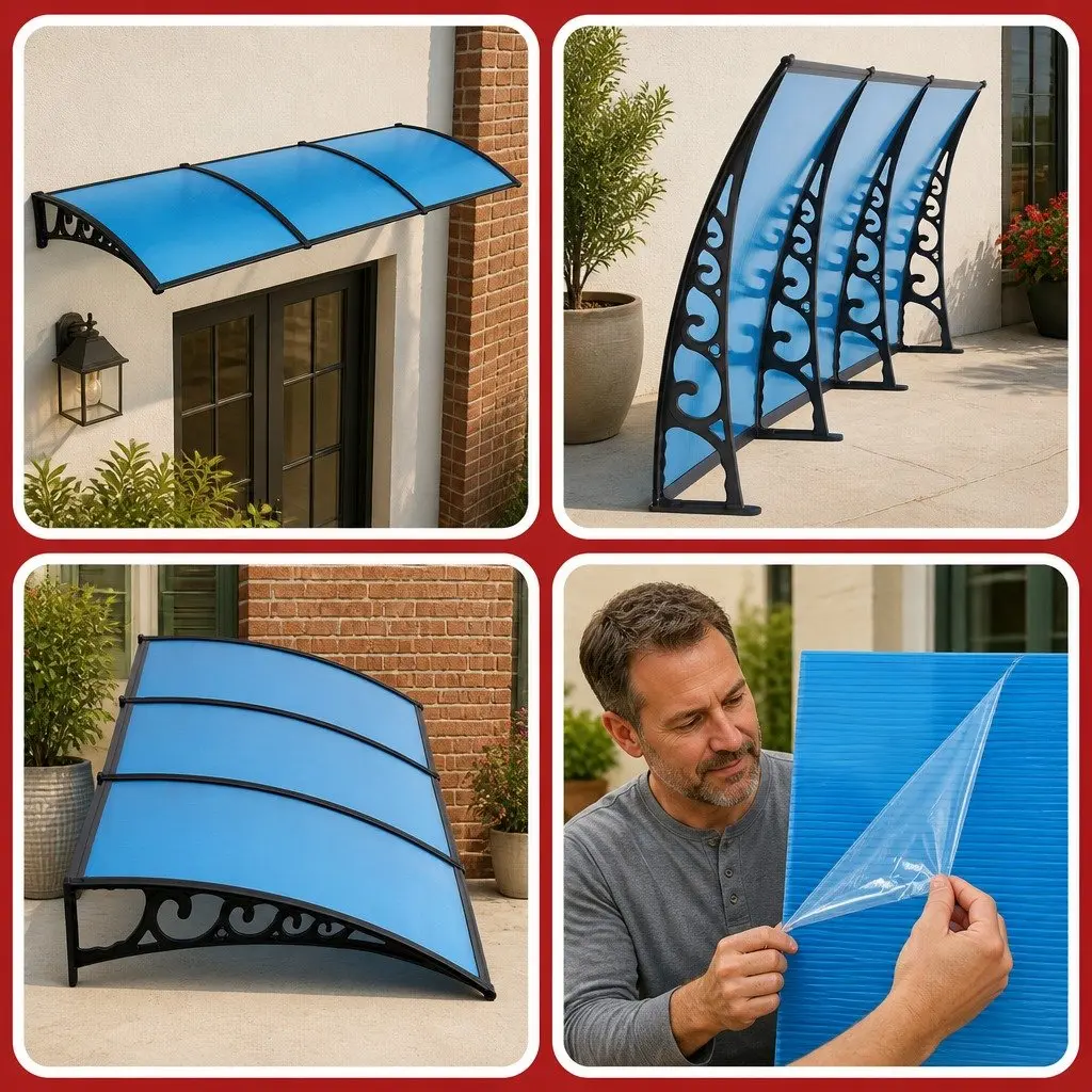Window Door Awning UV Rain Resistant 1m x 3m Blue PC Panel Canopy