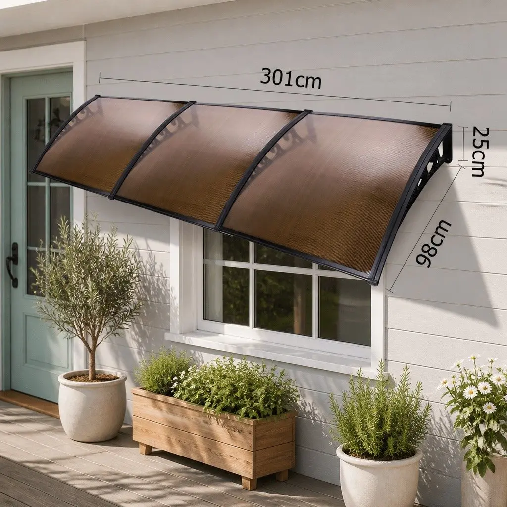 Window Door Awning UV and Rain Resistant 1m x 3m Brown Black Polycarbonate Panel Aluminium Bars