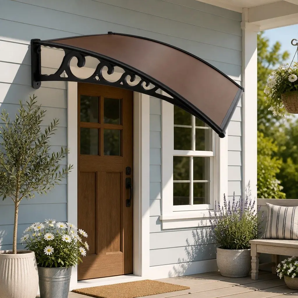 Window Door Awning UV and Rain Resistant 1m x 3m Brown Black Polycarbonate Panel Aluminium Bars