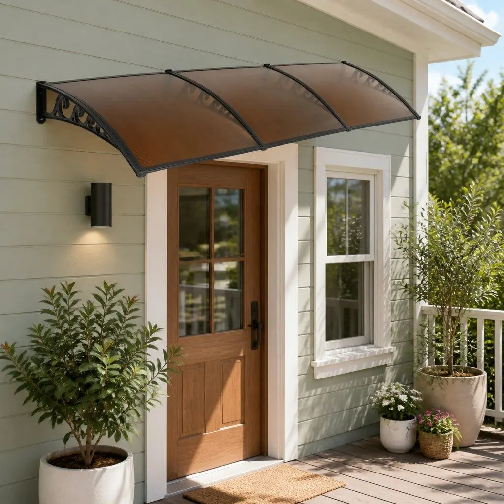 Window Door Awning UV and Rain Resistant 1m x 3m Brown Black Polycarbonate Panel Aluminium Bars