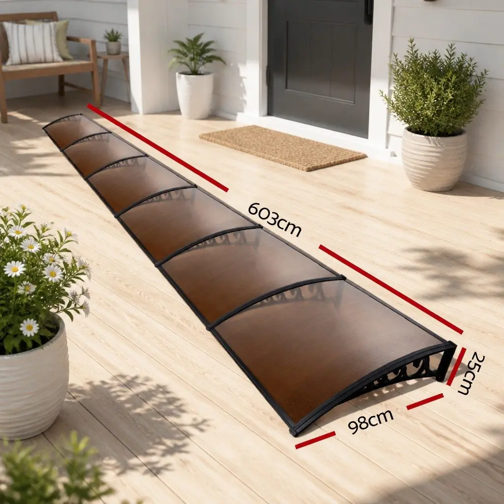 Window Door Awning 1m x 6m Brown PC Panel Hollow Canopy Weather Protection