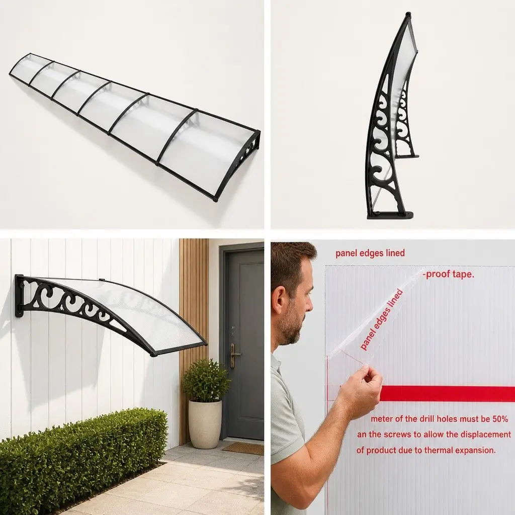 Transparent PC Panel Awning 1m x 6m for Doors Windows Balconies Shade Cover