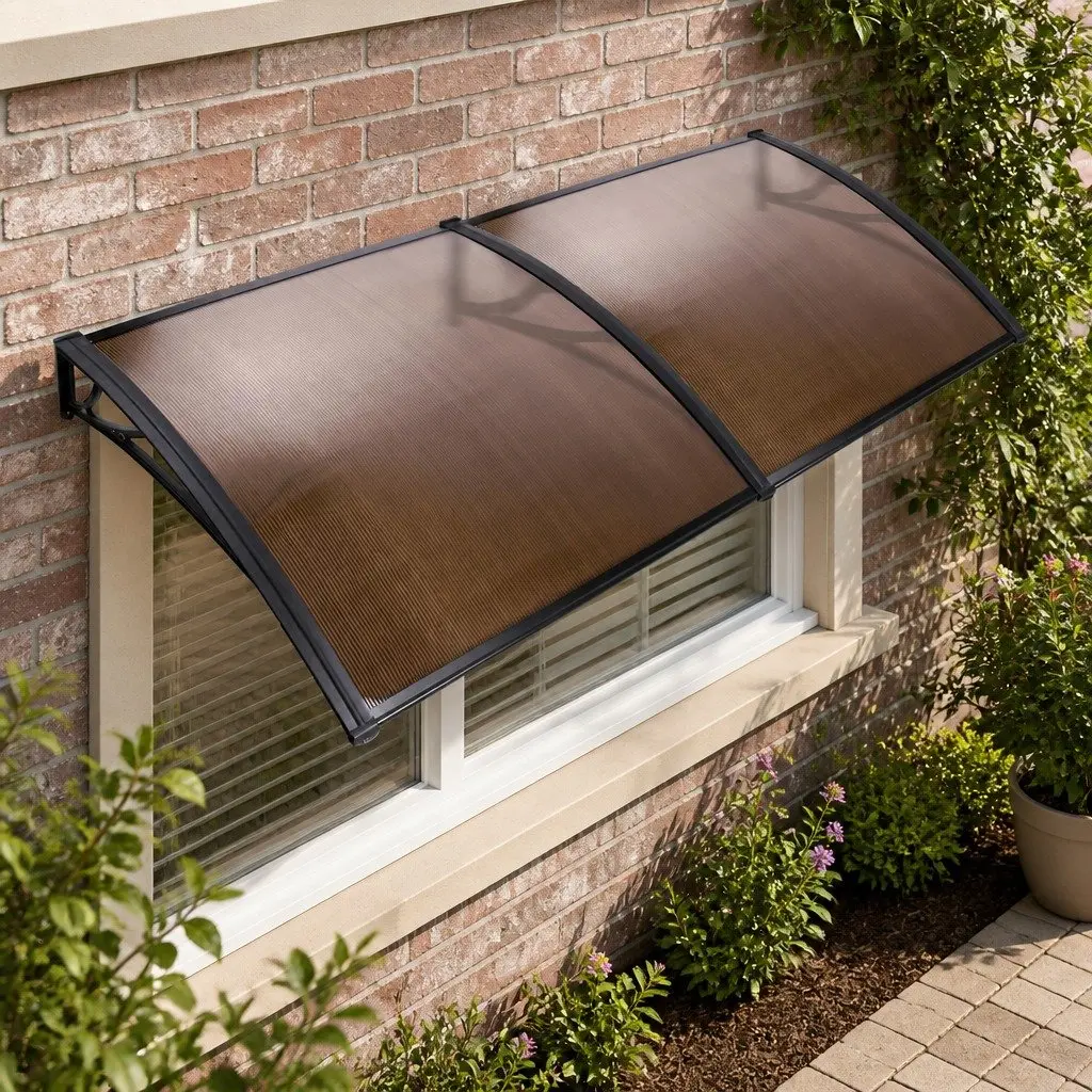 Window Door Awning Canopy 1m x 2m Brown Sheet Black Frame DIY Installation
