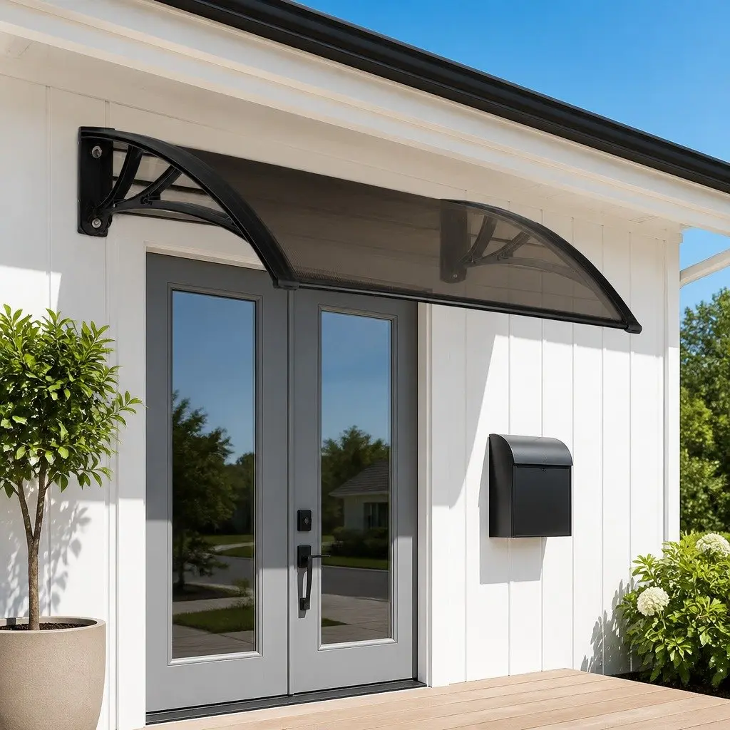 Door Window Awning Canopy Brown PC Panel UV Rain Resistant 1m x 4m Black Frame