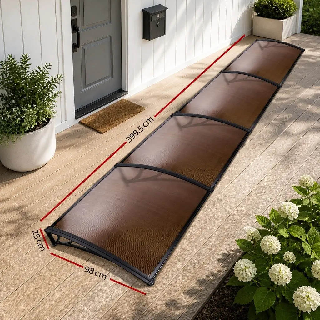 Door Window Awning Canopy Brown PC Panel UV Rain Resistant 1m x 4m Black Frame