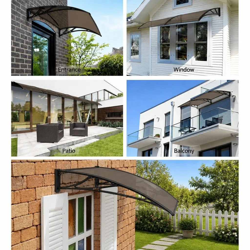 Door Window Awning Canopy Brown PC Panel UV Rain Resistant 1m x 4m Black Frame