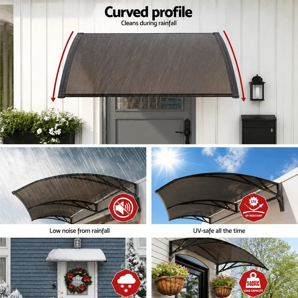 Door Window Awning Canopy Brown PC Panel UV Rain Resistant 1m x 4m Black Frame