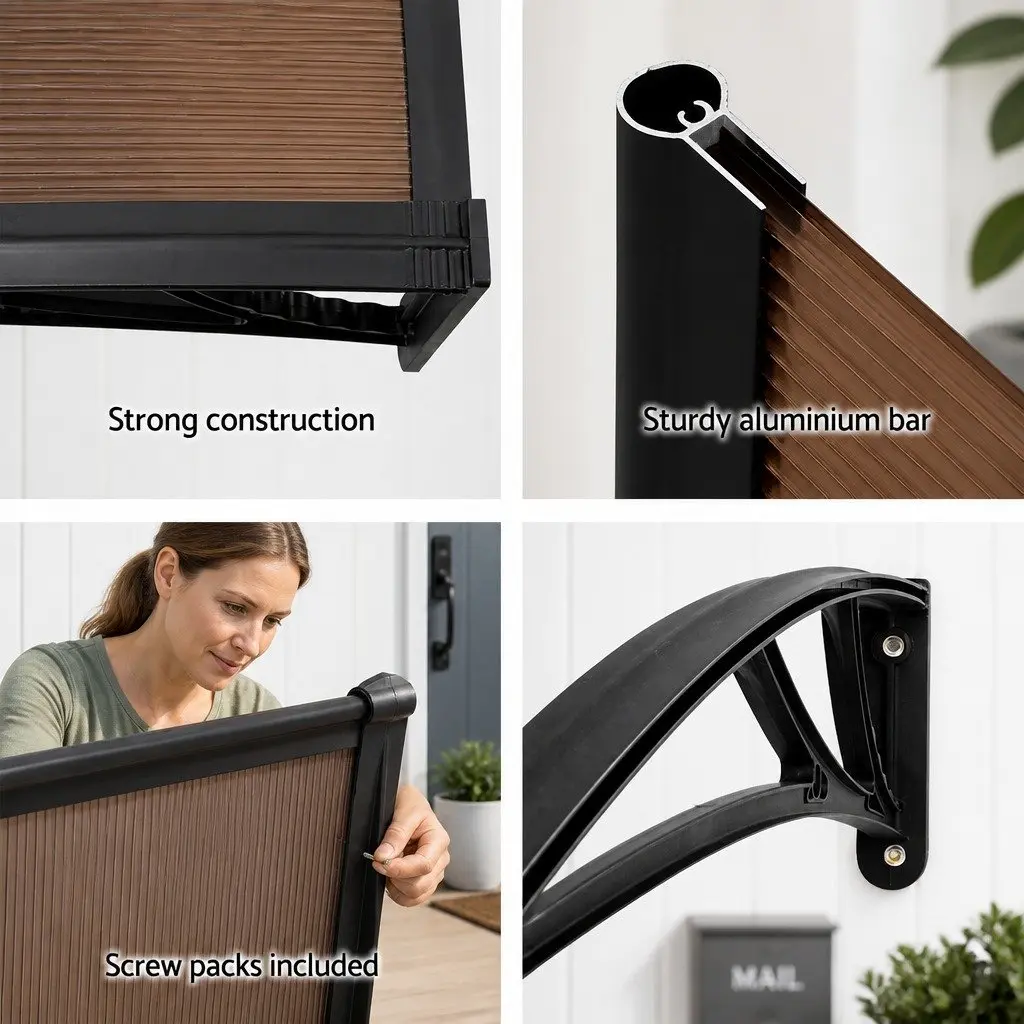 Door Window Awning Canopy Brown PC Panel UV Rain Resistant 1m x 4m Black Frame