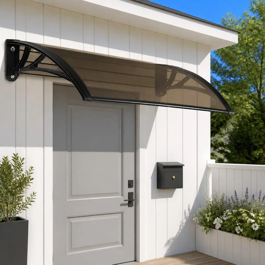 Door Window Awning Canopy Brown PC Panel UV Rain Resistant 1m x 4m Black Frame