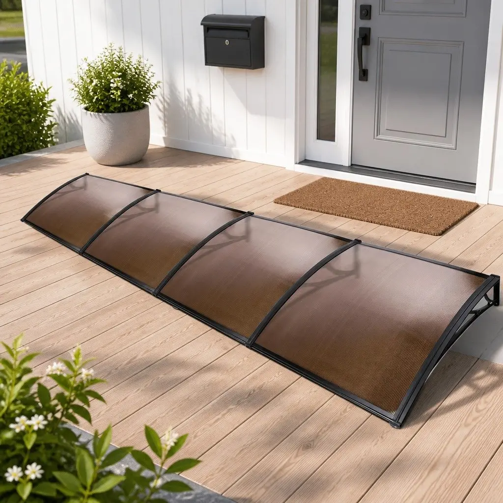 Door Window Awning Canopy Brown PC Panel UV Rain Resistant 1m x 4m Black Frame