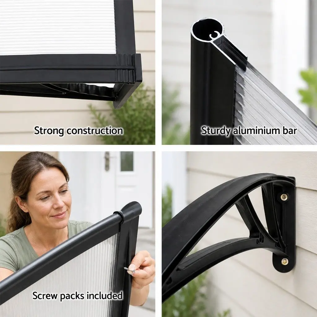 Awning Canopy DIY 1m x 4m Clear Panel Black Brackets