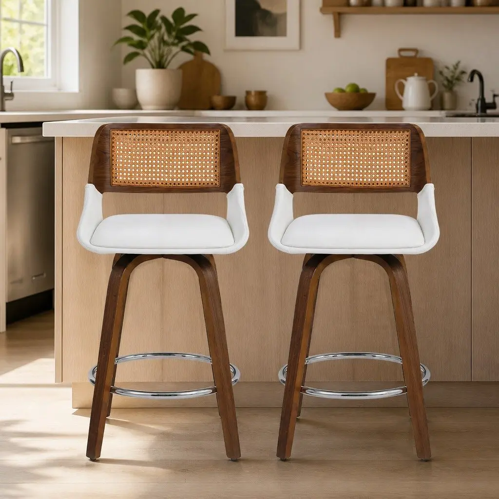 Bar Stools Swivel 60cm Seat Height Chrome Rattan Backrest Set of 2