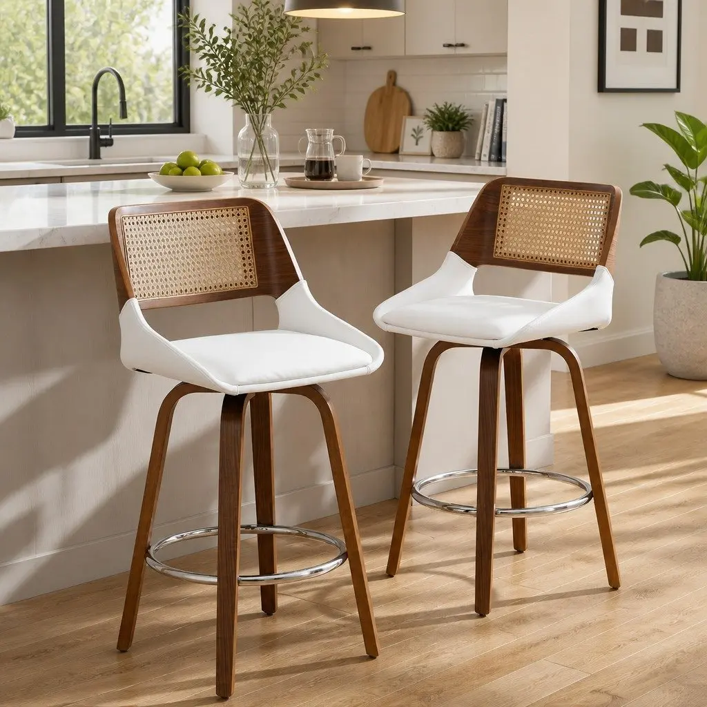 Bar Stools Swivel 60cm Seat Height Chrome Rattan Backrest Set of 2