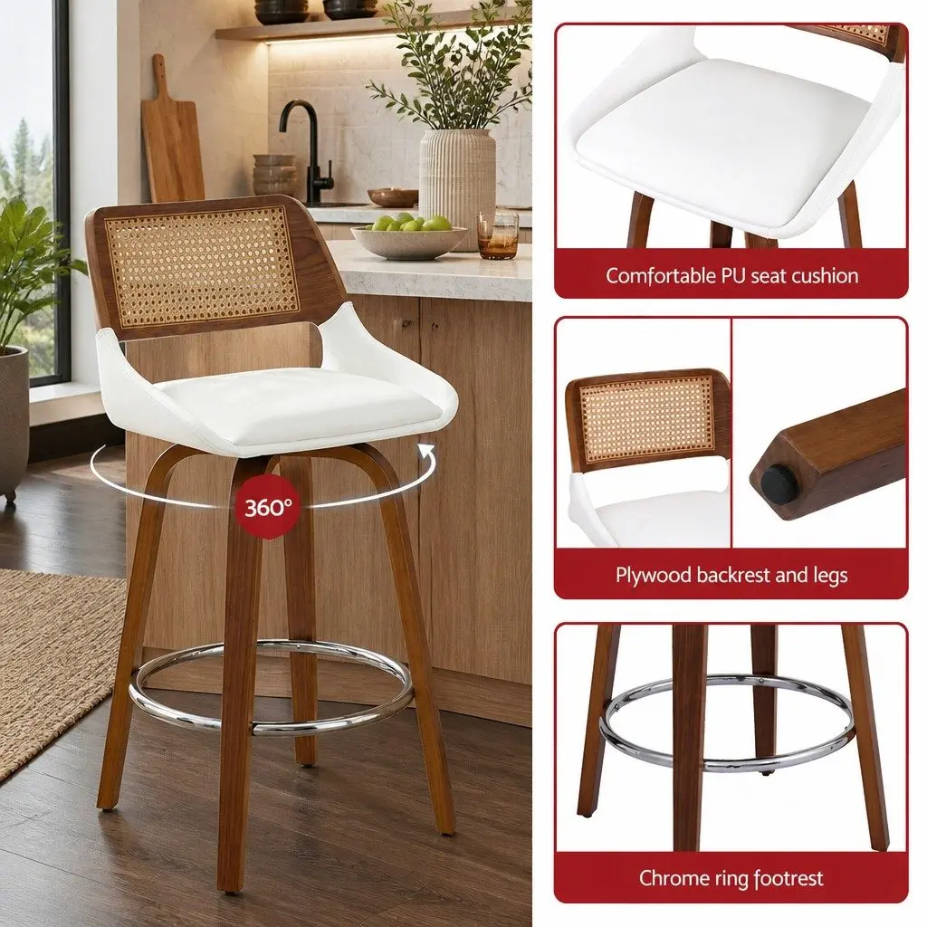 Bar Stools Swivel Ergonomic Support 60cm Seat Height White Walnut