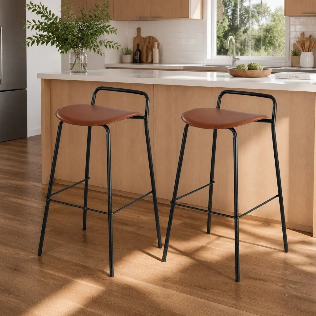 Bar Stools Cushioned Seat Metal Frame Brown Kitchen Counter Chair 75cm Height Set of 2