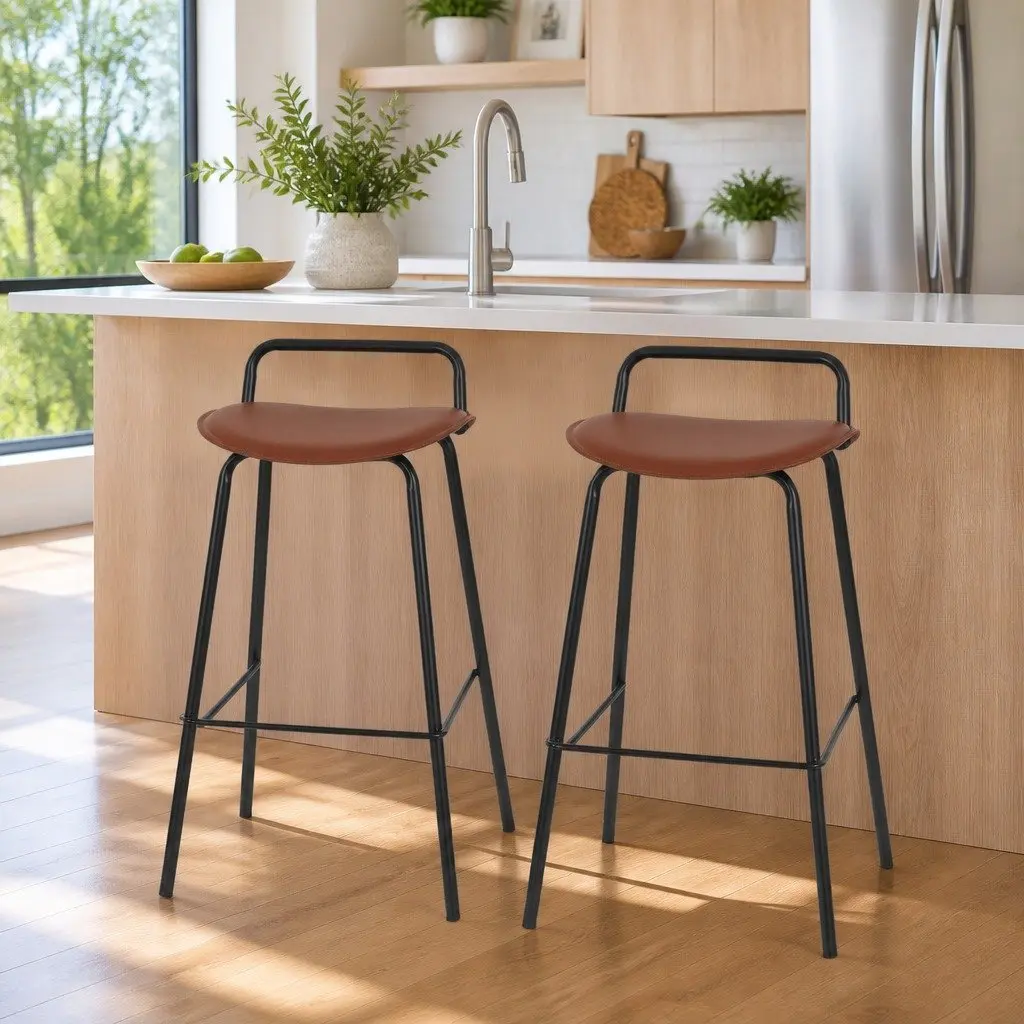 Bar Stools Cushioned Seat Metal Frame Brown Kitchen Counter Chair 75cm Height Set of 2