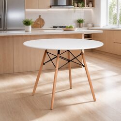 Round Dining Table 100cm White 4 Seater MDF Beech Wood Legs Modern Design