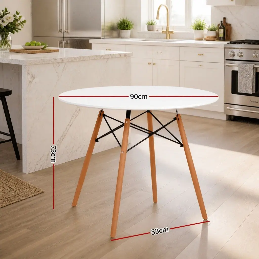 Round Dining Table Modern 90cm 4 Seater White Beech Wood Legs