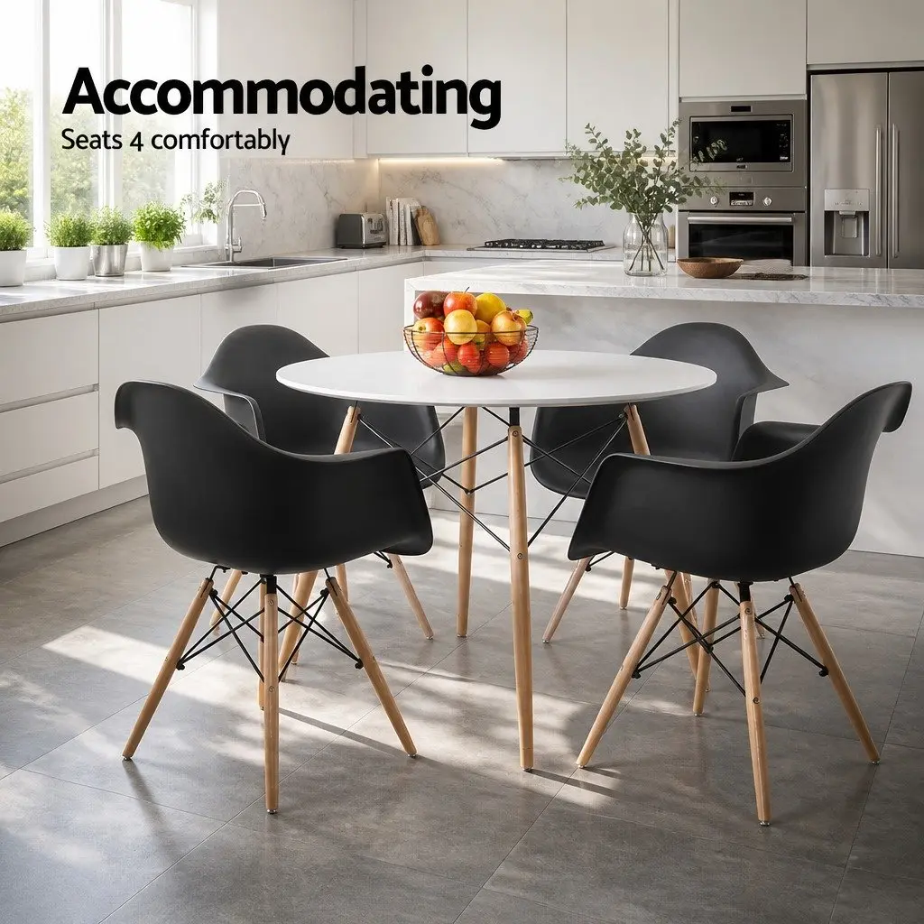 Round Dining Table Modern 90cm 4 Seater White Beech Wood Legs