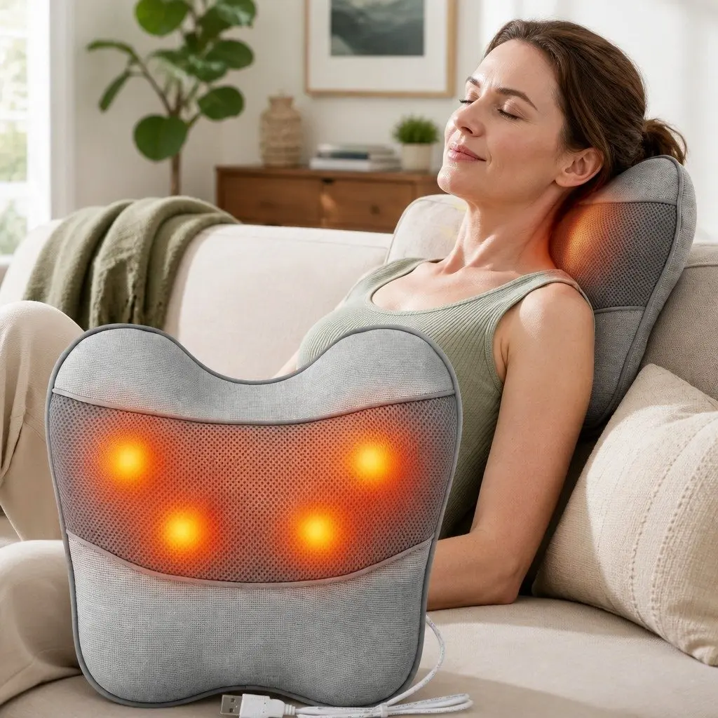 Massage Pillow USB Neck Shoulder Lumbar Support 3-Speed Heat Relief 34cm x 32cm