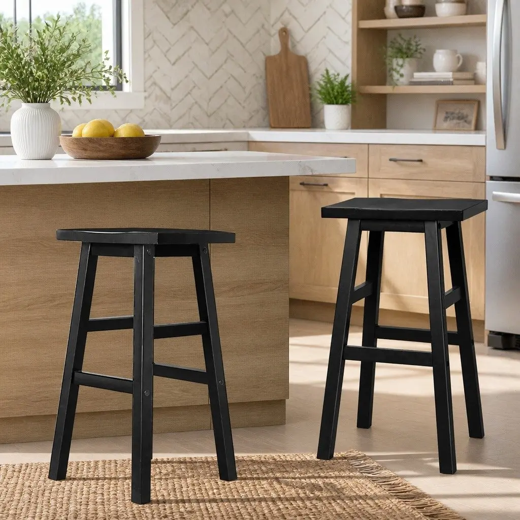 Bar Stools Black Wooden Seat 66.5cm Height with Split-Level Footrest x2 Pack