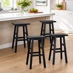 Bar Stools Kitchen Counter Chairs Wooden Saddle Seat Black Set of 4