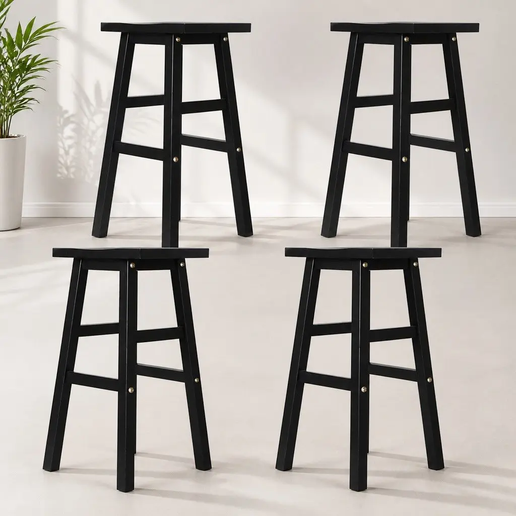 Bar Stools Wooden Saddle Seat Black Set of 4