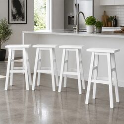 Bar Stools Set of 4 White Wooden Kitchen Chairs Saddle Seat Counter Height