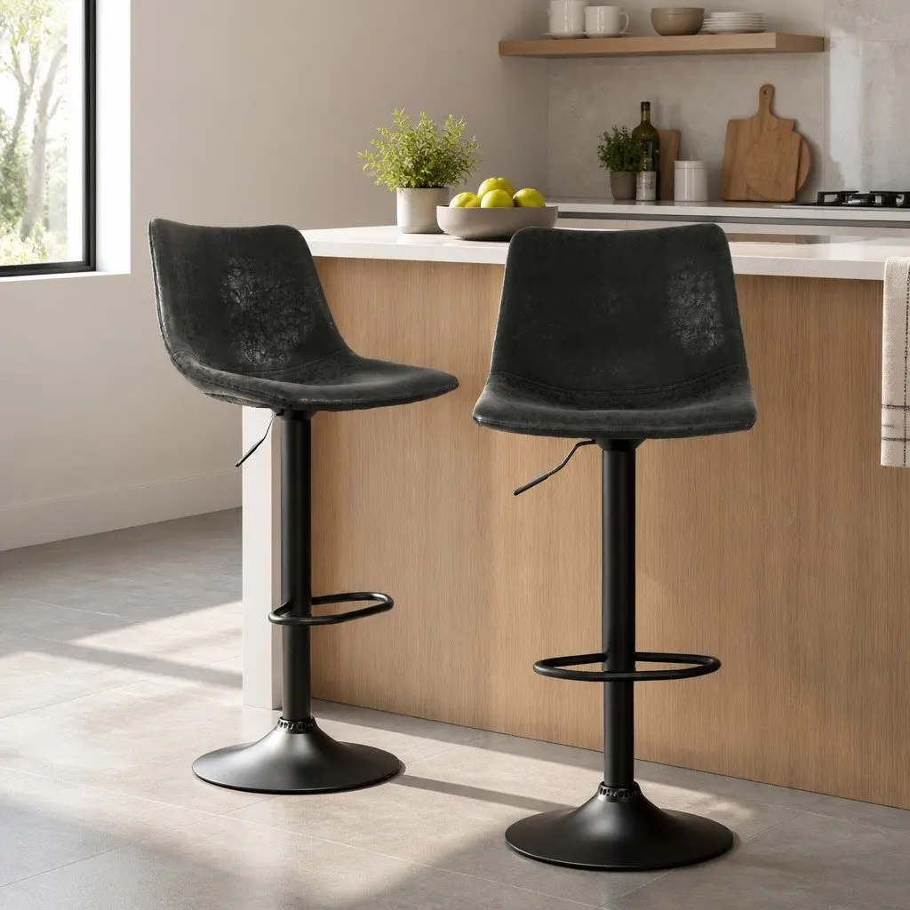 Vintage Leather Bar Stools Adjustable Height Swivel Black Padded Seat 2 Pack