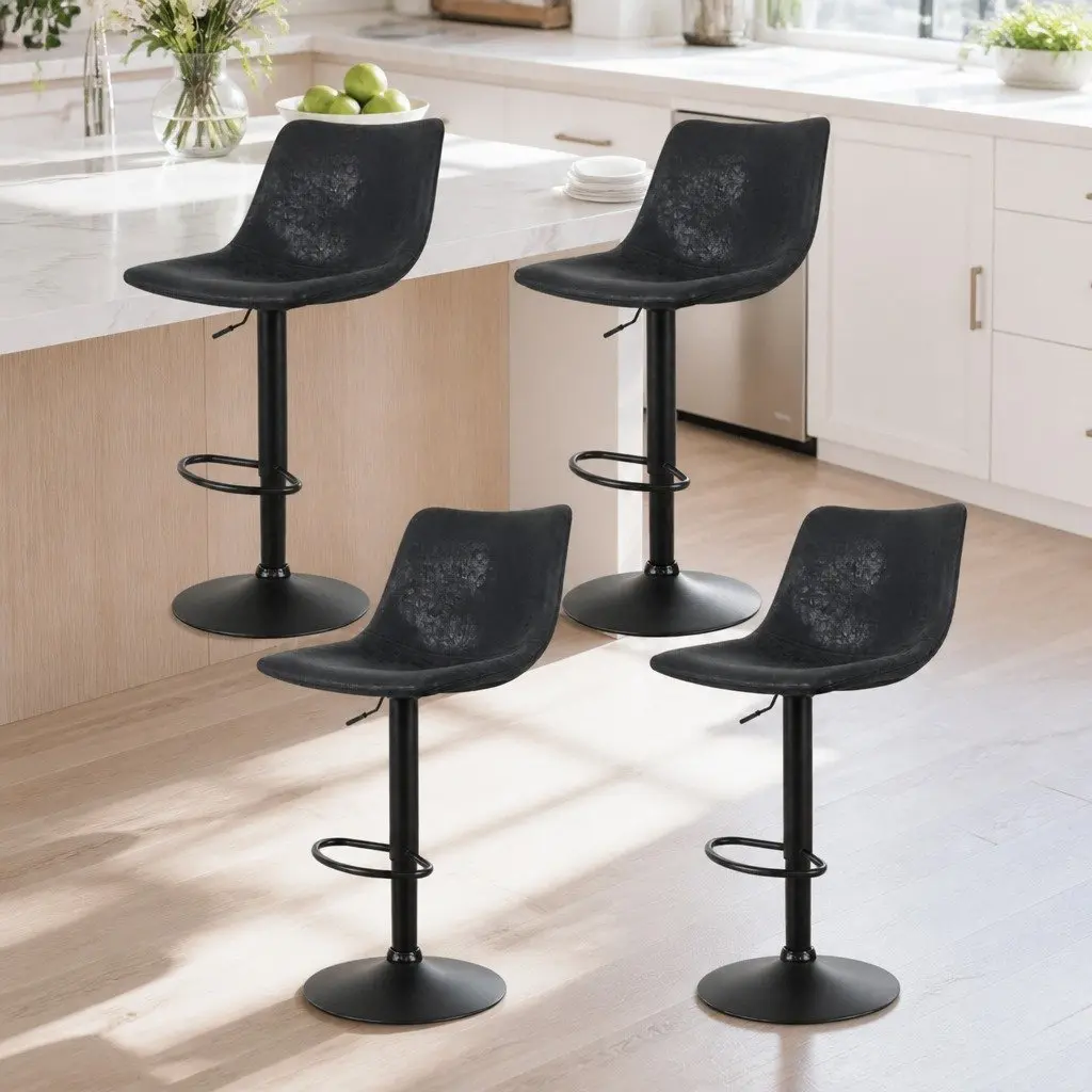 Bar Stools Vintage Swivel Adjustable Height Black Circular Backrest Footrest 4 Piece