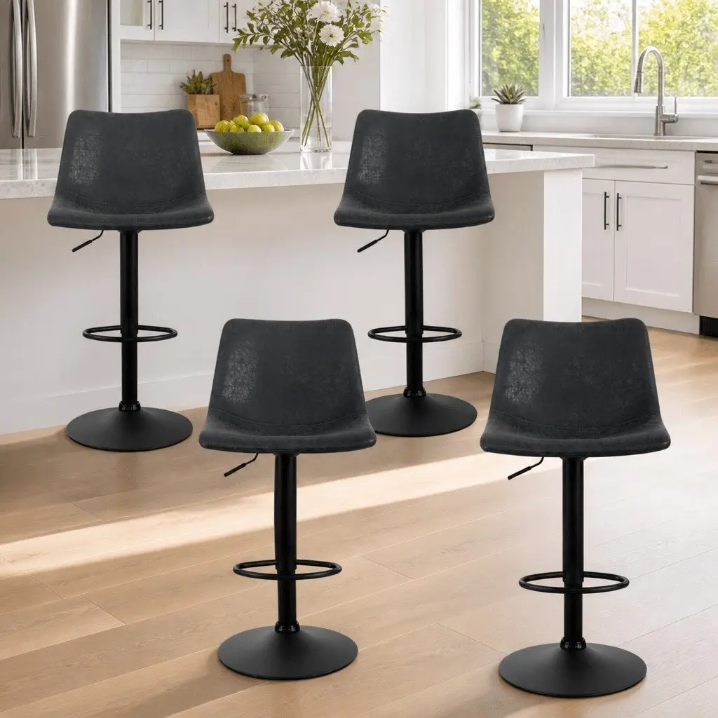 Bar Stools Vintage Swivel Adjustable Height Black Circular Backrest Footrest 4 Piece