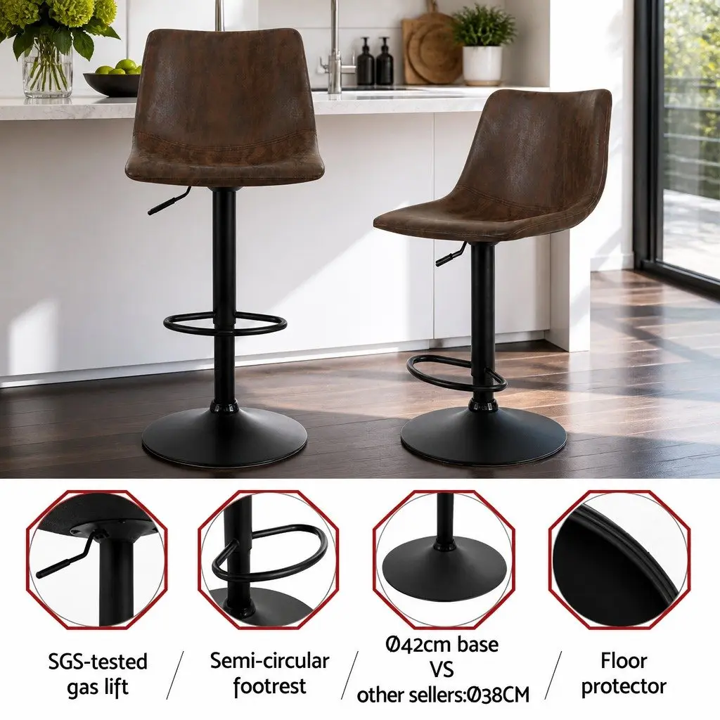 Brown Faux Leather Bar Stools Vintage Style Set of 4 Adjustable Height Swivel Chairs