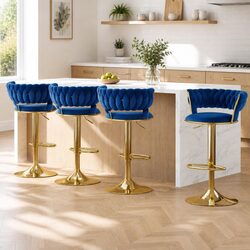 Bar Stools Set of 4 Gas Lift Velvet Woven Backrest Navy Blue Height Adjustable