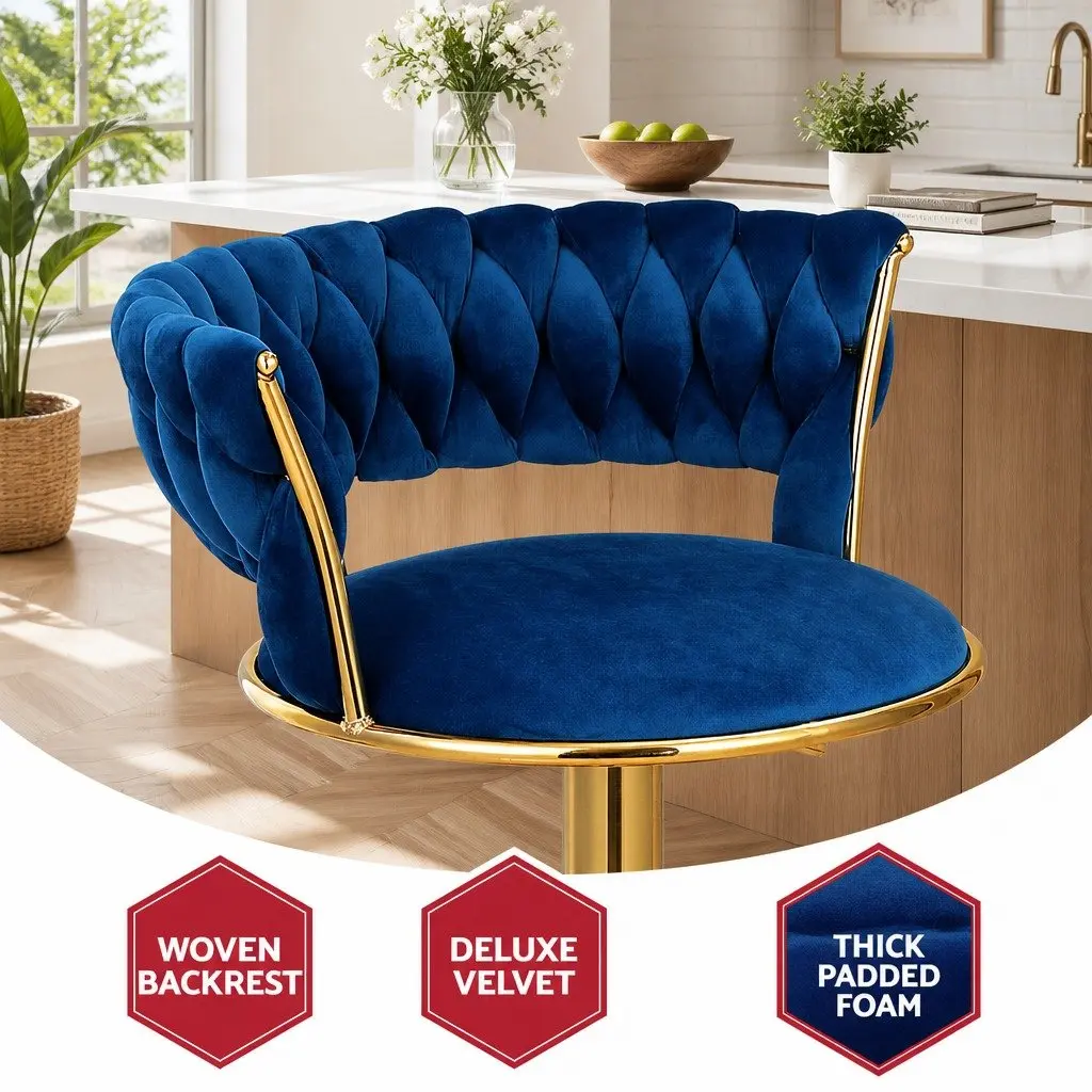 Bar Stools Set of 4 Gas Lift Velvet Woven Backrest Navy Blue Height Adjustable