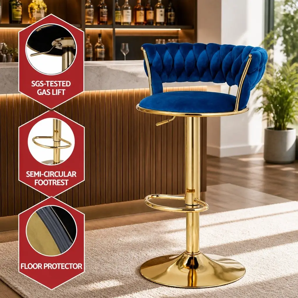 Bar Stools Gas Lift Velvet Backrest Swivel Seat Adjustable Height Kitchen